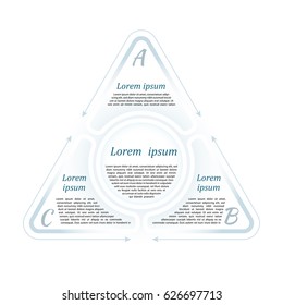 Circle infographic template with 3 steps and central element in form of a triangle. For presentation and design concept. Gray-blue shades. Vector illustration.