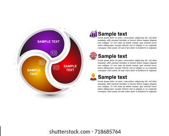 Circle infographic template with 3 steps. Separate colorful icons with sample text. For presentation and design concept. Vector illustration.