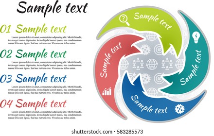 Circle infographic template 4 steps. Arrow shape parts of chart with business picture and curve text sample. Icon pattern background. Numbers and inscription outside graph. Vector illustration.