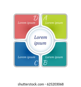 Circle infographic template with 4 steps and central element in form of a square. For presentation and design concept. Vector illustration.