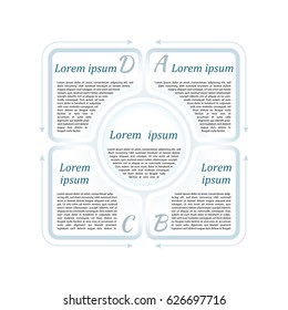 Circle infographic template with 4 steps and central element in form of a square. For presentation and design concept. Gray-blue shades. Vector illustration.