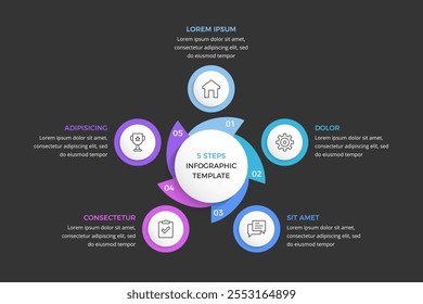 Modelo infográfico de círculo com 5 elementos, fundo escuro, ilustração eps10 vetorial