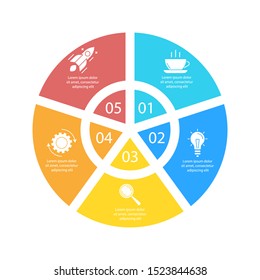 Circle infographic template with 5 options for presentations or charts. Business concept round diagram. Vector illustration.