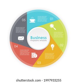 Plantilla de infografía circular con 5 opciones, elementos o pasos. Concepto de negocio para presentaciones, diseños, informes y diagramas de redondeo. Ilustración del vector