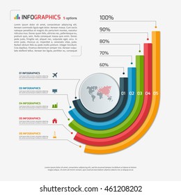 Circle infographic template with 5 options. Growing bar chart. Business concept. Vector illustration.