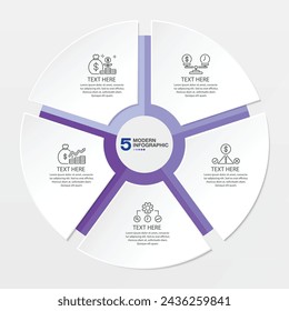 Circle infographic template with 5 steps, process or options, process chart, Used for process diagram, presentations, workflow layout, flow chart, infograph. Vector eps10 illustration.