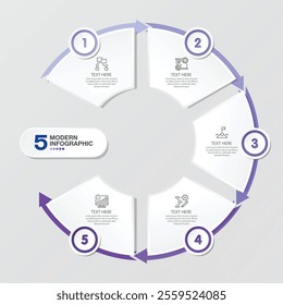 Circle infographic template with 5 steps, process or options, process chart, Used for process diagram, presentations, workflow layout, flow chart, infograph. Vector eps10 illustration.