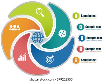Circle infographic template with 5 steps. Parts of chart with icons. Buttons with letters, titles and text outside graph. For presentation and design concept. Vector illustration.