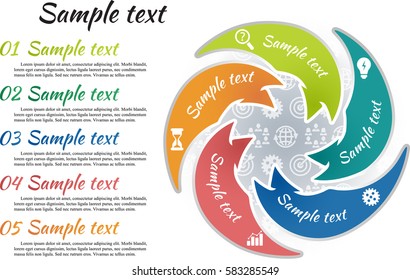 Circle infographic template 5 steps. Arrow shape parts of chart with business picture and curve text sample. Icon pattern background. Numbers and inscription outside graph. Vector illustration.