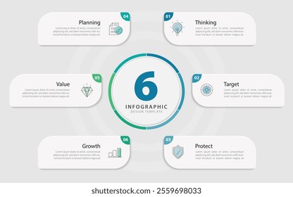 Circle infographic template. 6 Step, Flat simple infographics design template. presentation graph. Business concept with numbers 6 options or steps vector illustration.