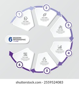 Circle infographic template with 6 steps, process or options, process chart, Used for process diagram, presentations, workflow layout, flow chart, infograph. Vector eps10 illustration.