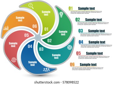 Circle infographic template with 6 steps. Parts of the chart  with icons and numbers. Titles and inscriptions steps separate in right side. For presentation and design concept. Vector illustration.	