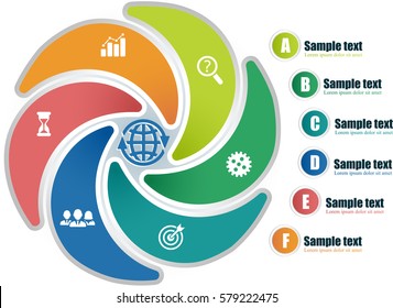 Circle infographic template with 6 steps. Parts of chart with icons. Buttons with letters, titles and text outside graph. For presentation and design concept. Vector illustration.