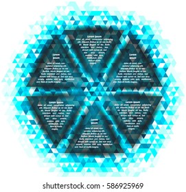 Circle infographic template 6 steps with inscriptions. Blue shades triangles pattern with transparent button on white background. Modern style for presentation and design concept. Vector illustration.