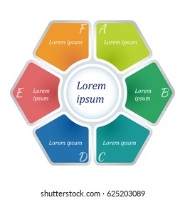 Circle infographic template with 6 steps and central element in form of a hexagon. For presentation and design concept. Vector illustration.
