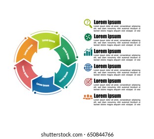 Circle infographic template 6 steps. For presentation and design concept.  Bright color arrows. Vector illustration.
