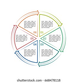 Circle infographic template 6 steps. For presentation and design concept. Simple line style with dots and arrows. Vector illustration.