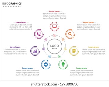 Circle Infografik Vorlage mit 7 Optionen für Präsentationen. Vektorgrafik-Design-Vorlage. Diagramm, Zahlenoptionen. Visualisierung von Daten. Business-Konzept mit 7 Schritten, sieben Prozessen.