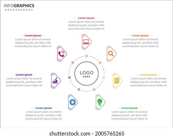 Circle Infografik Vorlage mit 7 Optionen für Präsentationen. Vektorgrafik-Design-Vorlage. Diagramm, Zahlenoptionen. Visualisierung von Daten. Business-Konzept mit 7 Schritten, sieben Prozessen.