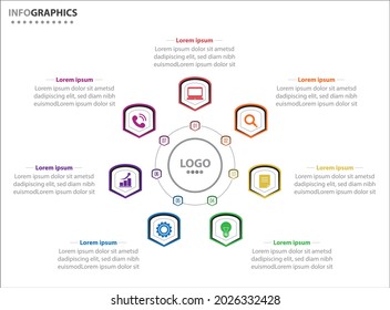 Circle Infografik Vorlage mit 7 Optionen für Präsentationen. Vektorgrafik-Design-Vorlage. Diagramm, Zahlenoptionen. Visualisierung von Daten. Business-Konzept mit 7 Schritten, sieben Prozessen.