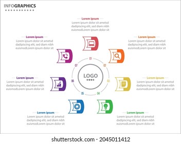 Plantilla de infografía circular con 7 opciones para presentaciones. Plantilla de diseño de infografía vectorial. diagrama, opciones de número. Visualización de datos. Concepto de negocio con 7 pasos, 7 procesos.