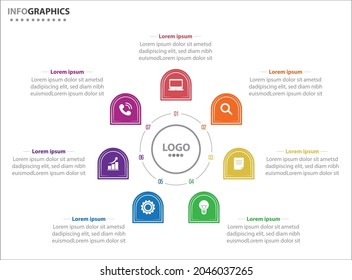 Plantilla de infografía circular con 7 opciones para presentaciones. Plantilla de diseño de infografía vectorial. diagrama, opciones de número. Visualización de datos. Concepto de negocio con 7 pasos, 7 procesos.