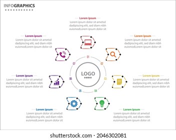 Plantilla de infografía circular con 7 opciones para presentaciones. Plantilla de diseño de infografía vectorial. diagrama, opciones de número. Visualización de datos. Concepto de negocio con 7 pasos, 7 procesos.