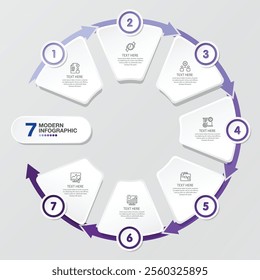 Circle infographic template with 7 steps, process or options, process chart, Used for process diagram, presentations, workflow layout, flow chart, infograph. Vector eps10 illustration.