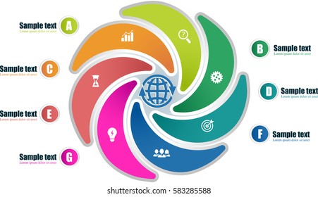 Circle infographic template with 7 steps. Parts of chart with icons. Buttons with letters, titles and text outside graph. For presentation and design concept. Vector illustration.