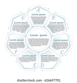 Circle infographic template with 7 steps and central element in form of a heptagon. For presentation and design concept. Gray-blue shades. Vector illustration.