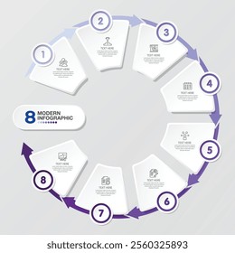 Circle infographic template with 8 steps, process or options, process chart, Used for process diagram, presentations, workflow layout, flow chart, infograph. Vector eps10 illustration.