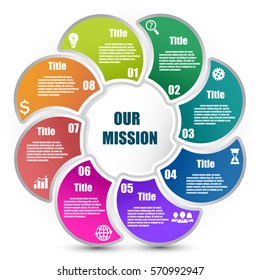 Circle infographic template with 8 steps and central element. Parts of the chart  with icons and numbers. For presentation and design concept. Vector illustration.