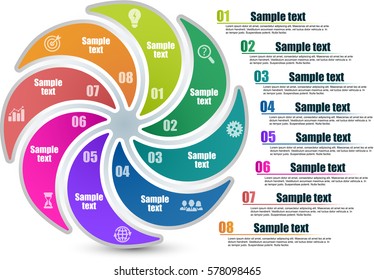 Circle infographic template with 8 steps. Parts of the chart  with icons and numbers. Titles and inscriptions steps separate in right side. For presentation and design concept. Vector illustration.	