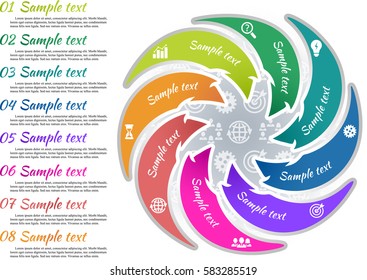 Circle infographic template 8 steps. Arrow shape parts of chart with business picture and curve text sample. Icon pattern background. Numbers and inscription outside graph. Vector illustration.