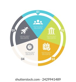 Circle infographic template for cycle diagram, graph, chart or web design. Business concept with 5 steps, options or processes. Isolated on white background.