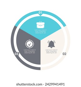 Plantilla infográfica de círculo para diagrama de ciclo, gráfico, gráfico o diseño web. Concepto de negocio con 3 pasos, opciones o procesos. Aislado sobre fondo blanco.