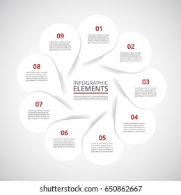 Circle infographic. Template for cycle diagram, graph, presentation and round chart. Business concept with 9 options, parts, steps or processes.