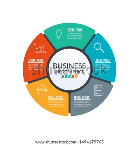 Circle infographic template. Diagram with 5 elements or steps. Workflow, layout template. Business process and presentation concept. Organization chart. Vector illustration.