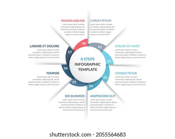 Infografische Vorlage für den Kreis mit acht Schritten oder Optionen, Prozessdiagramm, Vektoreps10-Illustration