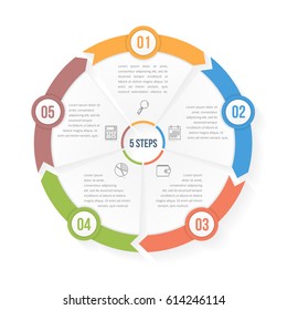 Circle infographic template with five elements, steps or options, workflow or process diagram, data vizualization, vector eps10 illustration