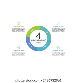 Plantilla infográfica de círculo con cuatro pasos u opciones, Concepto de 4 características del ciclo de proyecto de inicio. Plantilla de diseño de infografía moderna.