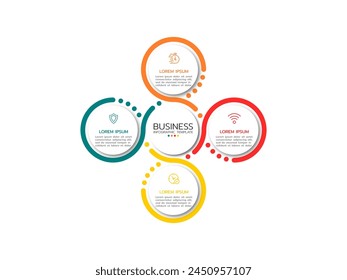 Plantilla infográfica de círculo con cuatro pasos u opciones con iconos, diagrama de proceso, paso de proceso.