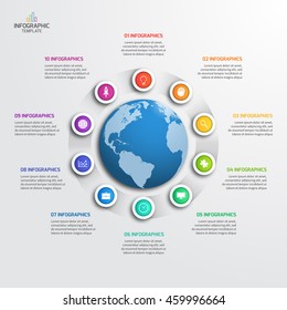 Circle infographic template with globe with 10 options. Business concept. Vector illustration.