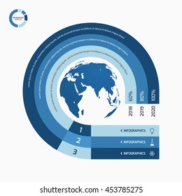 Circle infographic template with globe with 3 options, parts, steps, processes for graphs, charts, diagrams. Business concept.