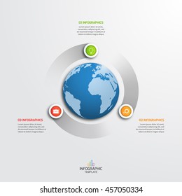 Circle infographic template with globe with 3 options. Business concept. Vector illustration.