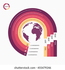 Circle infographic template with globe with 4 options, parts, steps, processes for graphs, charts, diagrams. Business concept.
