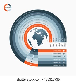 Circle infographic template with globe with 6 options, parts, steps, processes for graphs, charts, diagrams. Business concept.