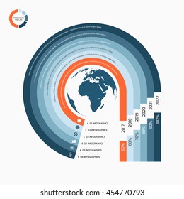Circle infographic template with globe with 6 options, parts, steps, processes for graphs, charts, diagrams. Business concept.
