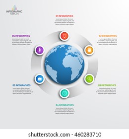 Circle infographic template with globe with 6 options. Business concept. Vector illustration.