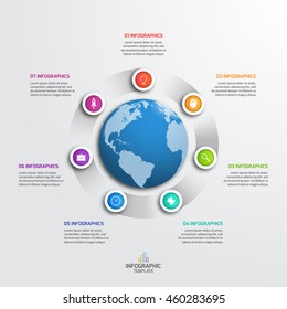 Circle infographic template with globe with 7 options. Business concept. Vector illustration.